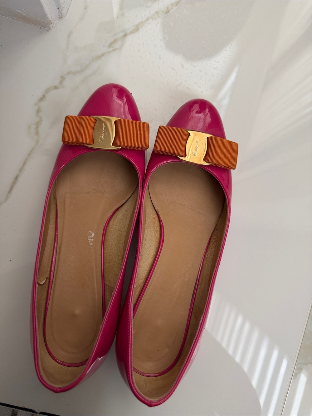 Salvatore Ferragamo Hot Pink Patent Vara Bow Flats with Orange Bow